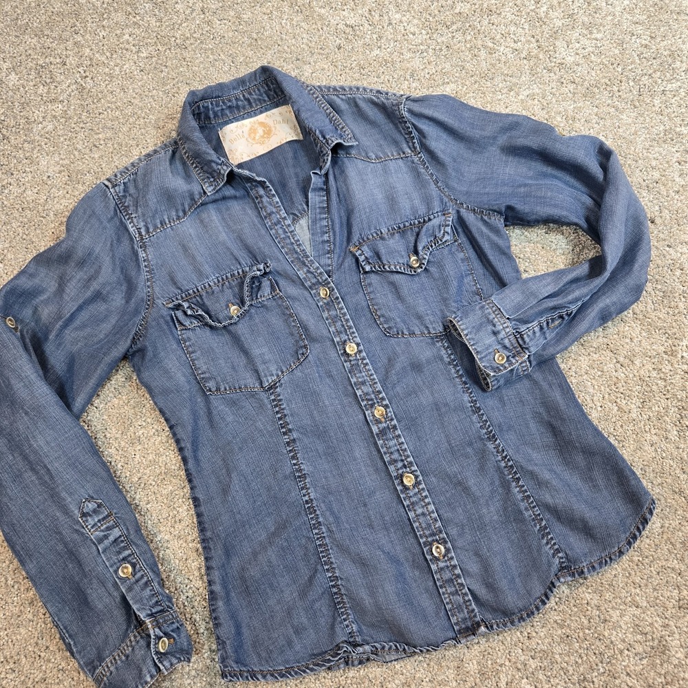 Bella Dahl Top Size S‎ Blue Chambray 100% Tencel Denim Shirt w/ Roll-Tab Sleeves